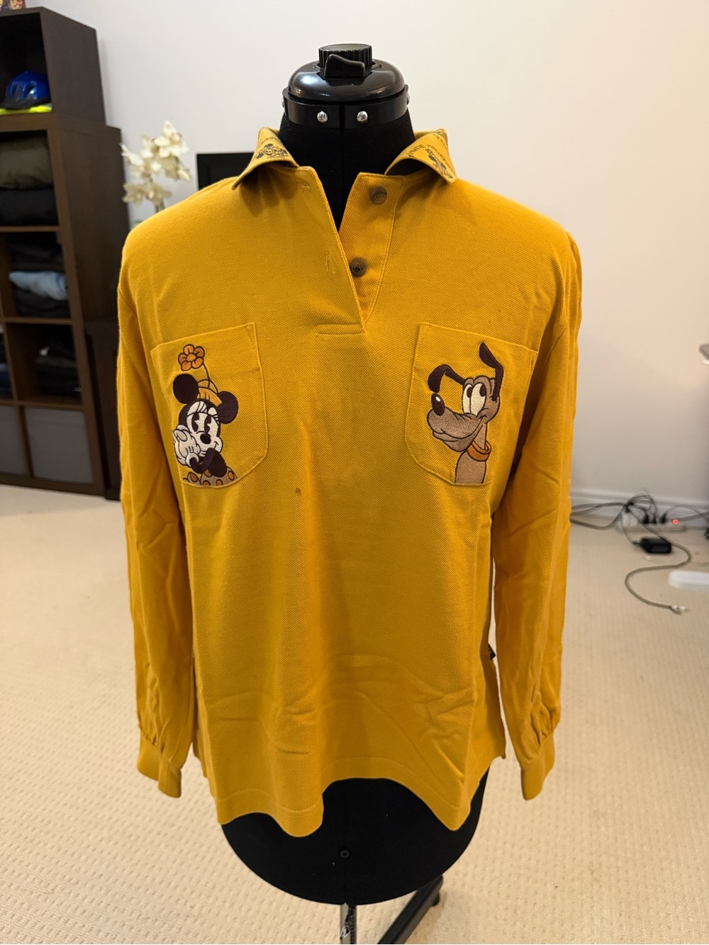 Disney Mustard Yellow Long-Sleeve Polo with Mickey & Pluto Patches